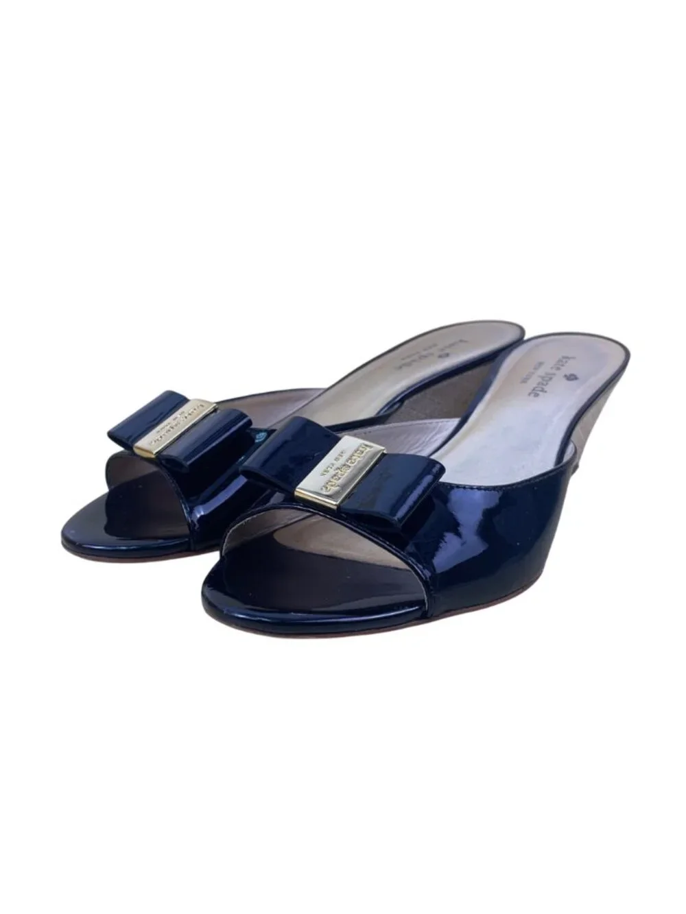 Kate Spade Women’s Black Patent Natural Raffia Bow Dixie Wedge Sandals Size 7.5M